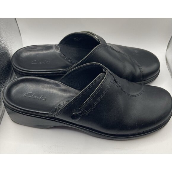 Clarks Womens 8 Black Leather Slip Step In Comfy Mule Clogs No Box Polish - Picture 3 of 10
